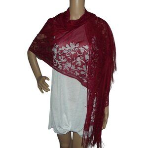 Wrap Shawl Womens 67" x 25" Dark Red Lightweight Scarf floral fringe Evening